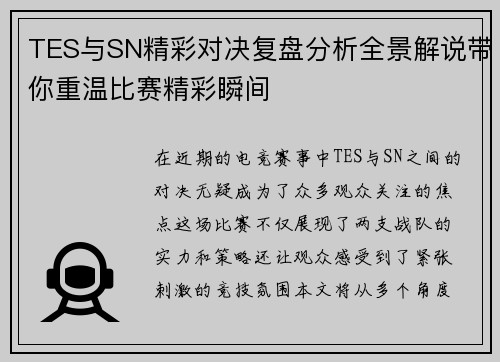 TES与SN精彩对决复盘分析全景解说带你重温比赛精彩瞬间