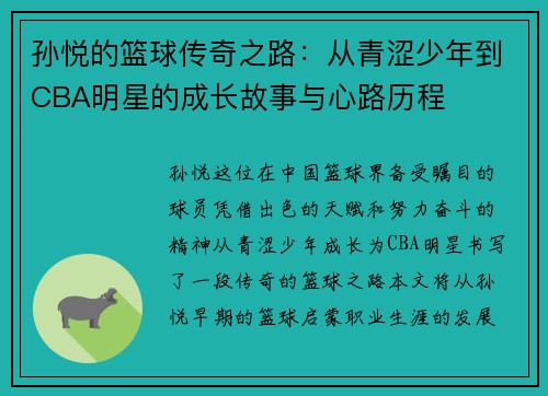孙悦的篮球传奇之路：从青涩少年到CBA明星的成长故事与心路历程