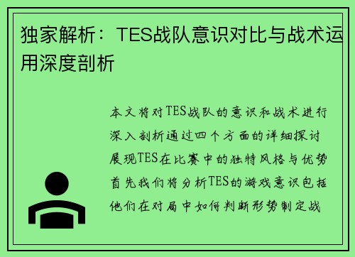 独家解析：TES战队意识对比与战术运用深度剖析
