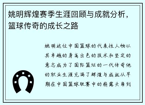 姚明辉煌赛季生涯回顾与成就分析，篮球传奇的成长之路