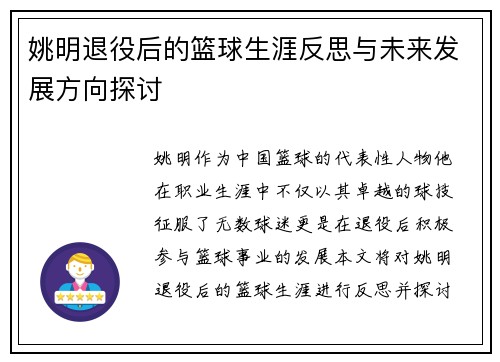 姚明退役后的篮球生涯反思与未来发展方向探讨