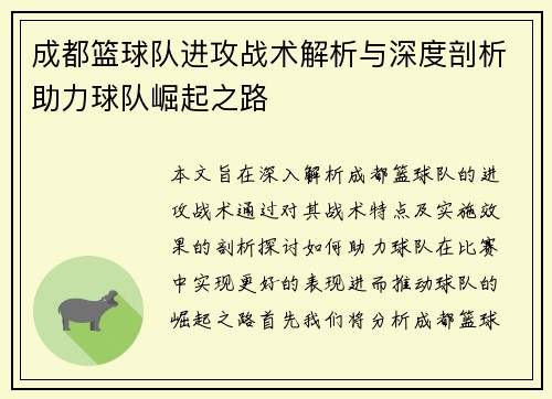 成都篮球队进攻战术解析与深度剖析助力球队崛起之路