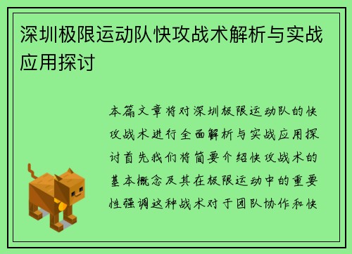 深圳极限运动队快攻战术解析与实战应用探讨