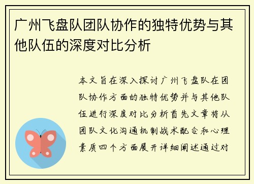 广州飞盘队团队协作的独特优势与其他队伍的深度对比分析
