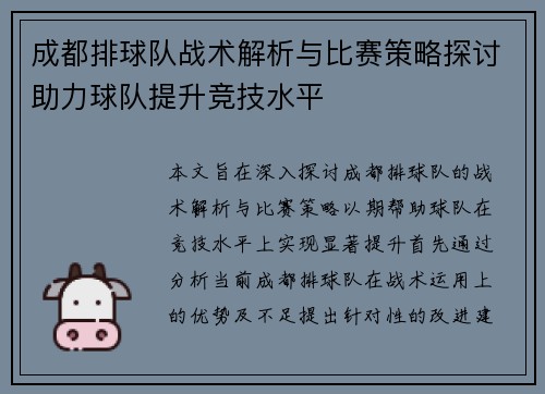 成都排球队战术解析与比赛策略探讨助力球队提升竞技水平