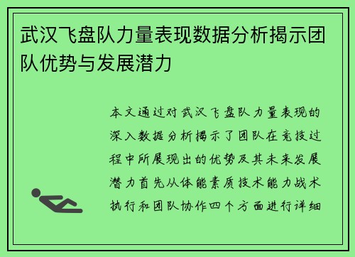 武汉飞盘队力量表现数据分析揭示团队优势与发展潜力