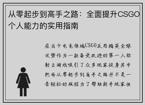 从零起步到高手之路：全面提升CSGO个人能力的实用指南