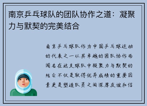 南京乒乓球队的团队协作之道：凝聚力与默契的完美结合