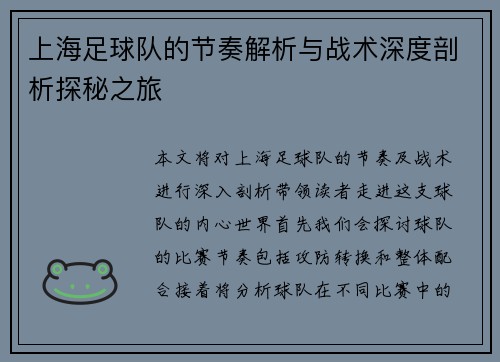上海足球队的节奏解析与战术深度剖析探秘之旅